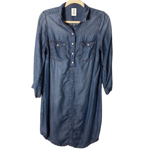 H&M Mama Maternity Denim Shirt Dress Womens Medium Pearl Snaps 3/4 Sleeve Boho - Picture 2 of 11